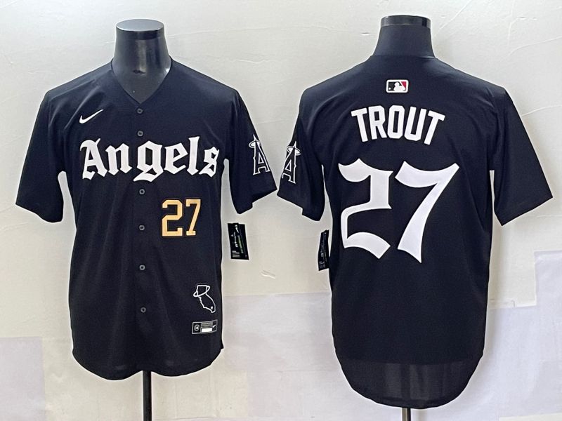 Men 2025 Los Angeles Angels #27 Trout Black Five generations Joint Name Nike MLB Jersey style 2